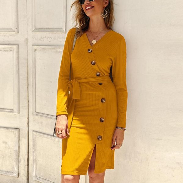 Women Long Sleeve V Neck Button Midi Dress Autumn Winter Knitted Dress Elegant OL Workwear Streetwear Bodycon Vestidos Mujer - Takalr