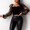 Women Mesh Sheer Tops Summer Square Collar Elastic Pleated Crop Tops Long Sleeve Black Polka Dots Sexy Shirt Puff Sleeve Blusa - Takalr