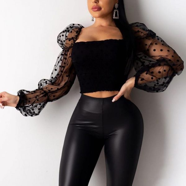 Women Mesh Sheer Tops Summer Square Collar Elastic Pleated Crop Tops Long Sleeve Black Polka Dots Sexy Shirt Puff Sleeve Blusa - Takalr