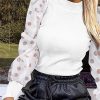 Women Mock Neck Polka Dot Puff Sleeve Top Elegant Mesh Insert Ribbed Long Sleeve T Shirt - Takalr