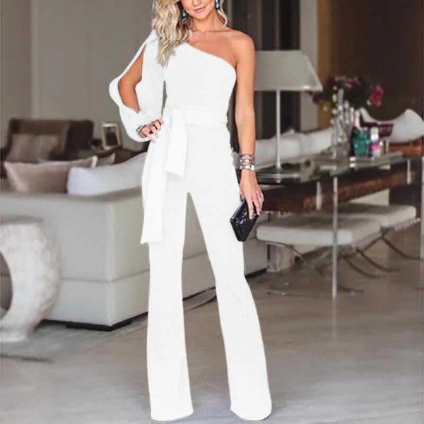 Women New Fashion Stylish Office Lady Solid Party Elegant Jumpsuit Stylish One Shoulder Slit Sleeve Casual Summer Jumpsuit 2018 - Takalr