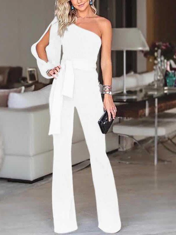 Women New Fashion Stylish Office Lady Solid Party Elegant Jumpsuit Stylish One Shoulder Slit Sleeve Casual Summer Jumpsuit 2018 - Takalr