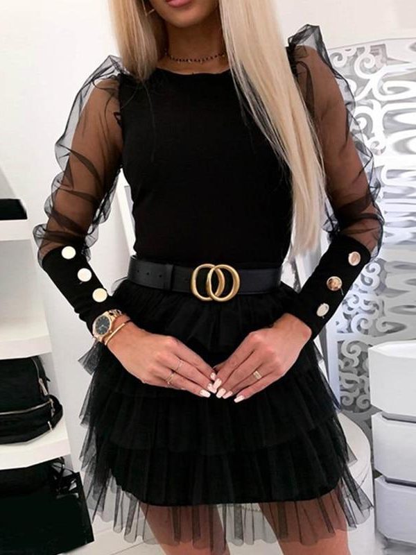 Women O Neck Long Sleeve Mesh Sleeve Faux Button Mini Dress Sexy Hollow Mesh High Waist Bodycon Mini Dress Vestidos - Takalr