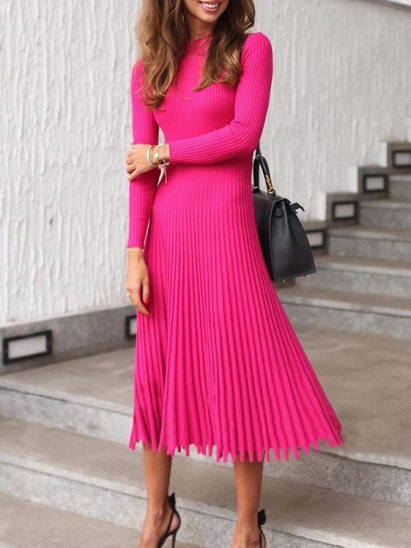 Women O Neck Long Sleeve Winter Dress 2019 Elegant Ladies Midi Party Dress Solid Stretchy Pleated Dresses Robe Femme - Takalr