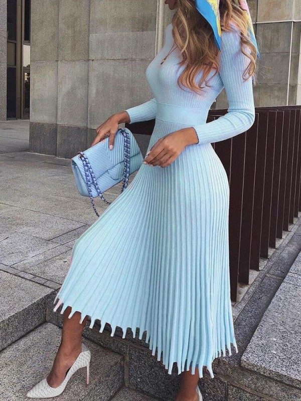 Women O Neck Long Sleeve Winter Dress 2019 Elegant Ladies Midi Party Dress Solid Stretchy Pleated Dresses Robe Femme - Takalr