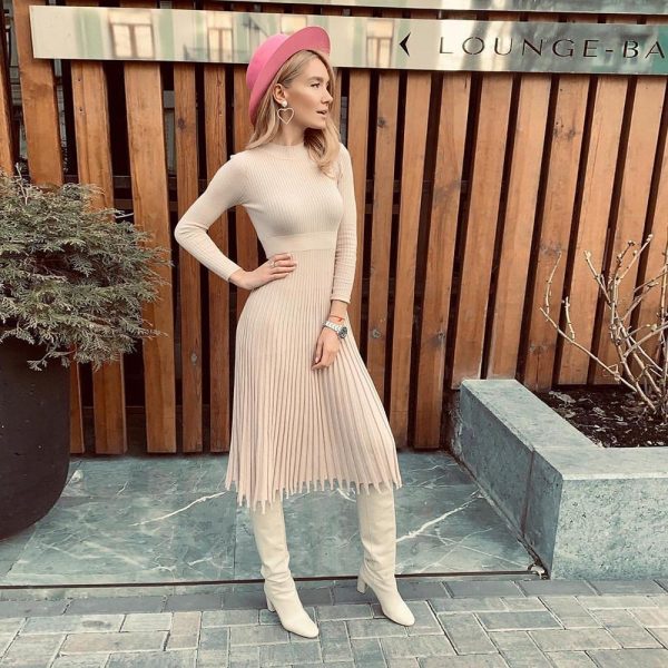 Women O Neck Long Sleeve Winter Dress 2019 Elegant Ladies Midi Party Dress Solid Stretchy Pleated Dresses Robe Femme - Takalr