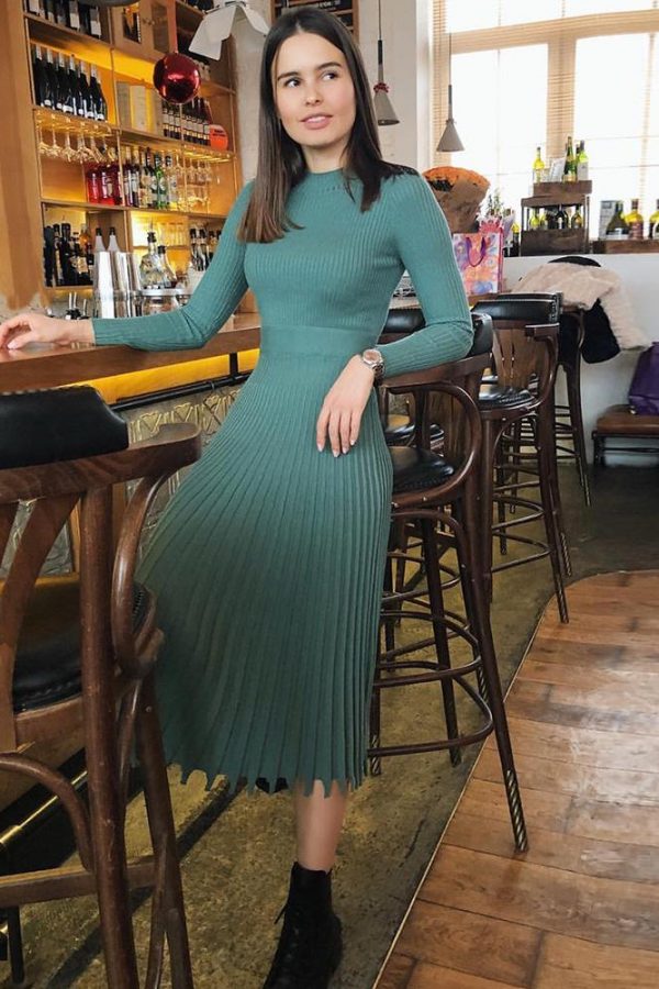 Women O Neck Long Sleeve Winter Dress 2019 Elegant Ladies Midi Party Dress Solid Stretchy Pleated Dresses Robe Femme - Takalr