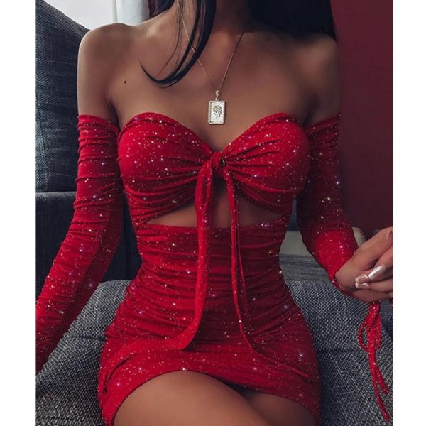 Women Off Shoulder Glitter Dress Long Sleeve Solid Sexy Party Strapless Mini Dresses Bust Tied Bodycon Ruched Dresses Vestidos - Takalr