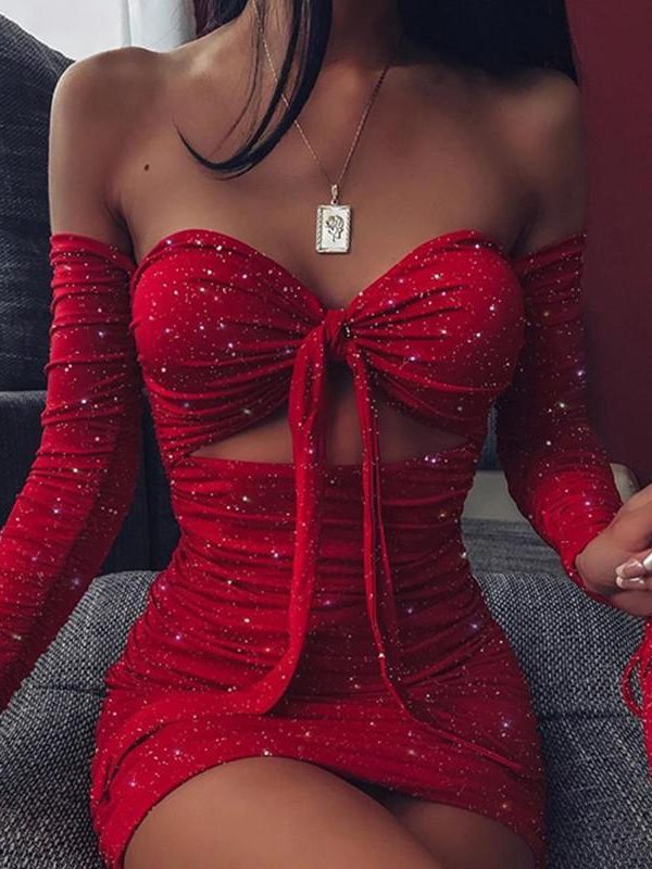 Women Off Shoulder Glitter Dress Long Sleeve Solid Sexy Party Strapless Mini Dresses Bust Tied Bodycon Ruched Dresses Vestidos - Takalr