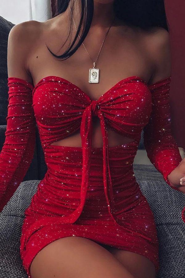 Women Off Shoulder Glitter Dress Long Sleeve Solid Sexy Party Strapless Mini Dresses Bust Tied Bodycon Ruched Dresses Vestidos - Takalr