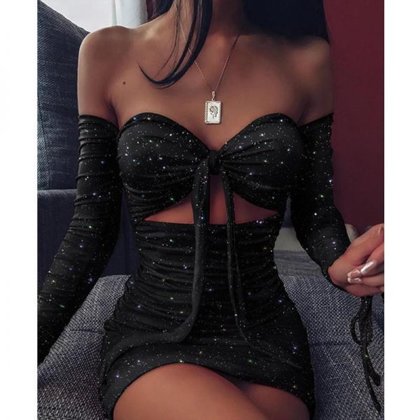 Women Off Shoulder Glitter Dress Long Sleeve Solid Sexy Party Strapless Mini Dresses Bust Tied Bodycon Ruched Dresses Vestidos - Takalr