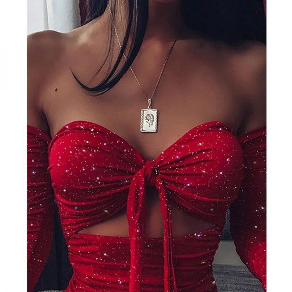 Women Off Shoulder Glitter Dress Long Sleeve Solid Sexy Party Strapless Mini Dresses Bust Tied Bodycon Ruched Dresses Vestidos - Takalr