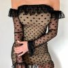 Women Off Shoulder Polka Dot Ruffles Mini Dress Slash Neck Bodycon Cute Falre Sleeve Mini Dress Mesh Sheer Vestidos - Takalr