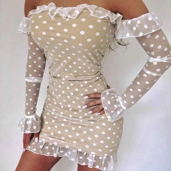 Women Off Shoulder Polka Dot Ruffles Mini Dress Slash Neck Bodycon Cute Falre Sleeve Mini Dress Mesh Sheer Vestidos - Takalr