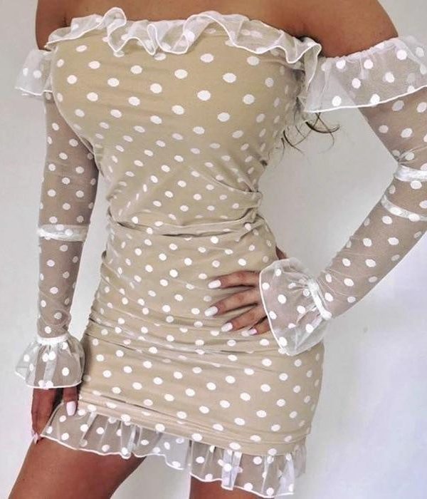 Women Off Shoulder Polka Dot Ruffles Mini Dress Slash Neck Bodycon Cute Falre Sleeve Mini Dress Mesh Sheer Vestidos - Takalr