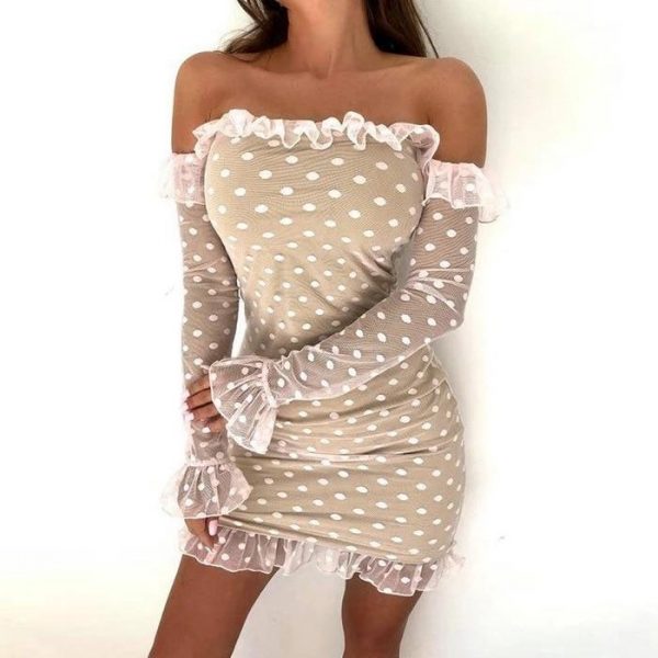 Women Off Shoulder Polka Dot Ruffles Mini Dress Slash Neck Bodycon Cute Falre Sleeve Mini Dress Mesh Sheer Vestidos - Takalr