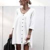 Women Office Wear Casual White Low Cut Button The Quarter Flare Sleeve Mini Dress Office Wear Ladies  Shirt Dress - Takalr