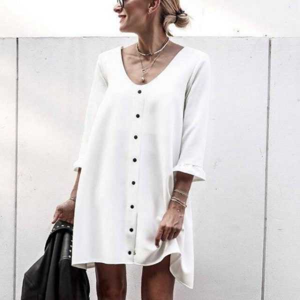 Women Office Wear Casual White Low Cut Button The Quarter Flare Sleeve Mini Dress Office Wear Ladies  Shirt Dress - Takalr