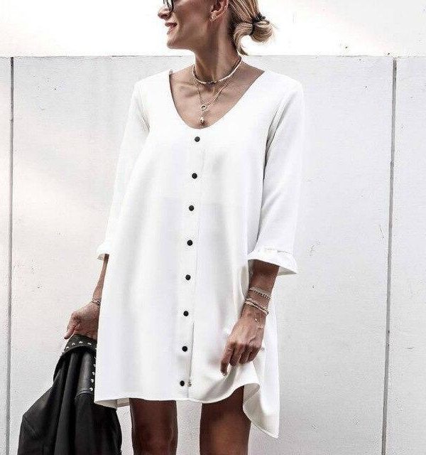 Women Office Wear Casual White Low Cut Button The Quarter Flare Sleeve Mini Dress Office Wear Ladies  Shirt Dress - Takalr