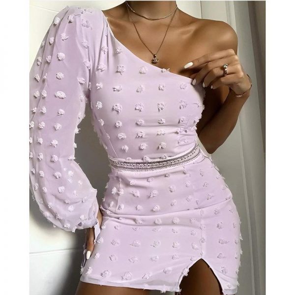 Women One Shoulder Long Sleeve Dress Slit Hem Bodycon Chiffon Dress Summer Fashion Mini Party Dresses Sexy Vestidos - Takalr