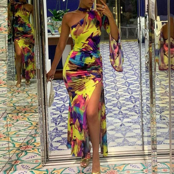 Women One Shoulder Slit Long Maxi Dress Chocker Neck Ruched Party Dress Long Sleeve Colorful Print Bodycon Stretchy Dresses - Takalr