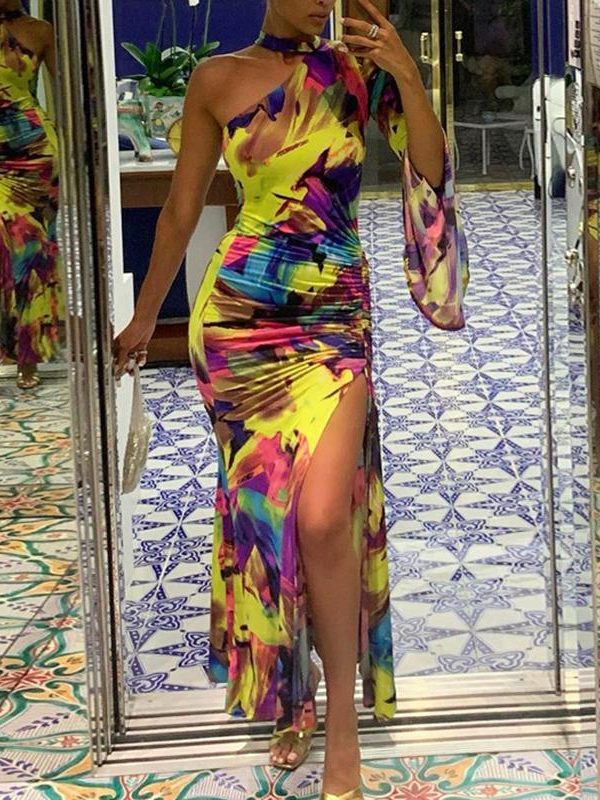 Women One Shoulder Slit Long Maxi Dress Chocker Neck Ruched Party Dress Long Sleeve Colorful Print Bodycon Stretchy Dresses - Takalr