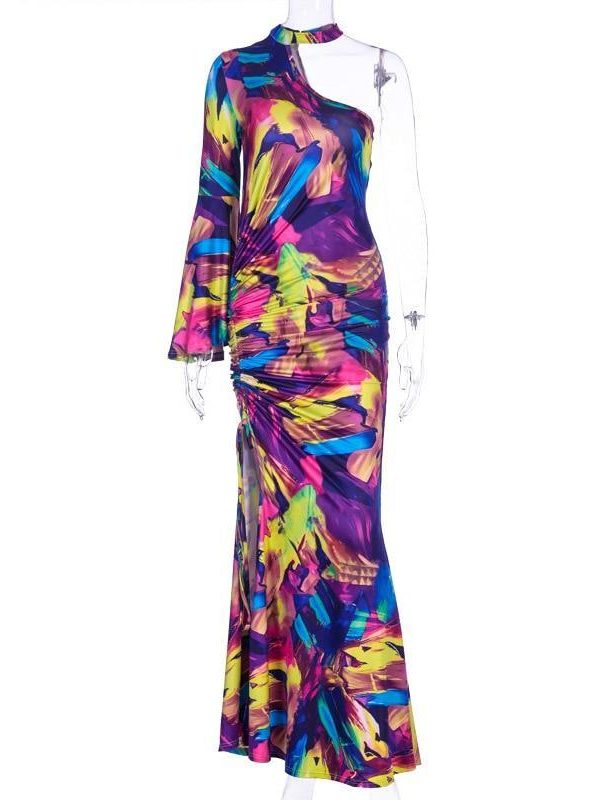 Women One Shoulder Slit Long Maxi Dress Chocker Neck Ruched Party Dress Long Sleeve Colorful Print Bodycon Stretchy Dresses - Takalr