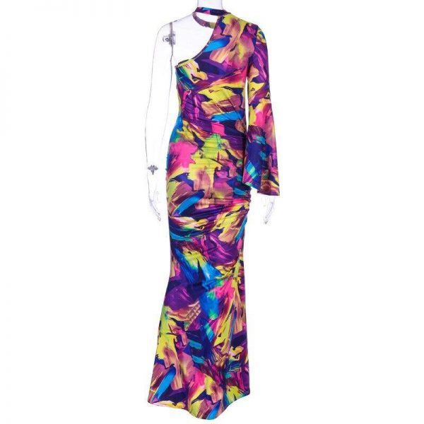 Women One Shoulder Slit Long Maxi Dress Chocker Neck Ruched Party Dress Long Sleeve Colorful Print Bodycon Stretchy Dresses - Takalr