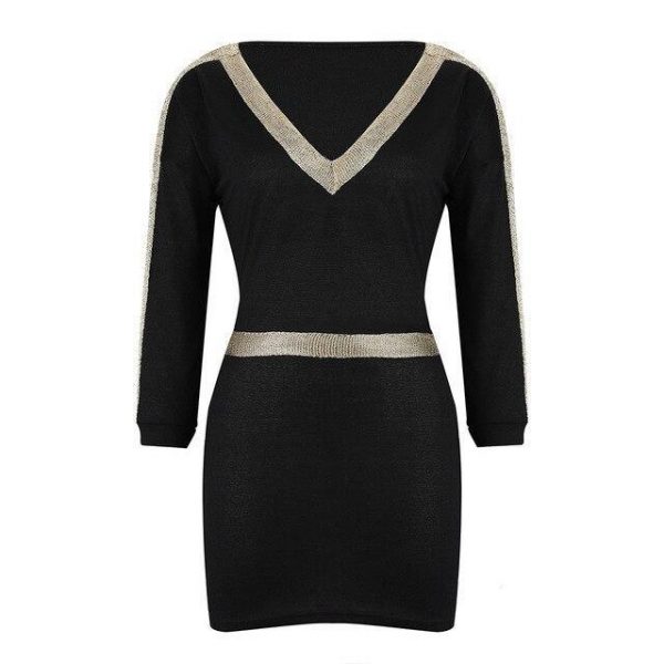 Women Party Night Clbu Wear Sexy Low Cut Patchwork Long Sleeve Elastic Waist Women Mini Dress Sexy Dress - Takalr