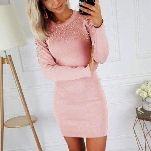 Women Party Night Club Wear Bodycon Dress Sexy Round Neck Beading Long Sleeve Skinny Women Mini Dress Sexy Dress - Takalr