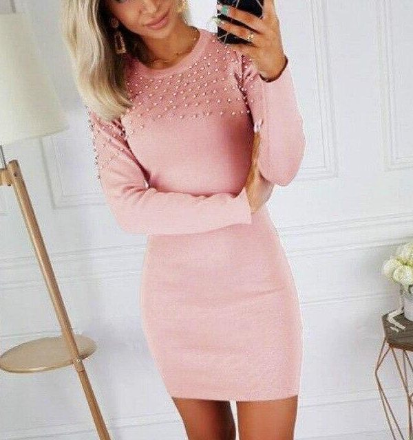 Women Party Night Club Wear Bodycon Dress Sexy Round Neck Beading Long Sleeve Skinny Women Mini Dress Sexy Dress - Takalr