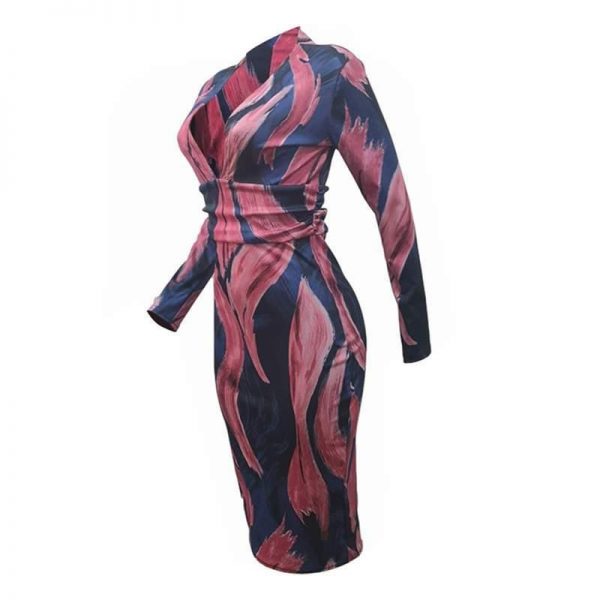 Women Plunge Long Sleeve Bodycon Dress Stretch Sexy Club Slim Party Dress Vintage Abstrat Print V Neck Vestidos - Takalr