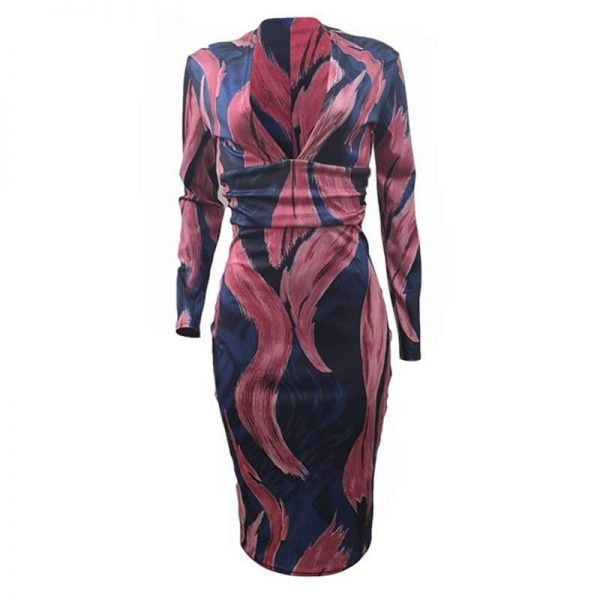 Women Plunge Long Sleeve Bodycon Dress Stretch Sexy Club Slim Party Dress Vintage Abstrat Print V Neck Vestidos - Takalr