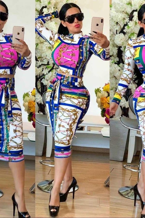 Women Plus Size Two Piece Matching Sets Long Sleeve Top T-shirt & High Waist Wrap Belt Bodycon Skirt Sets Retro Suit - Takalr