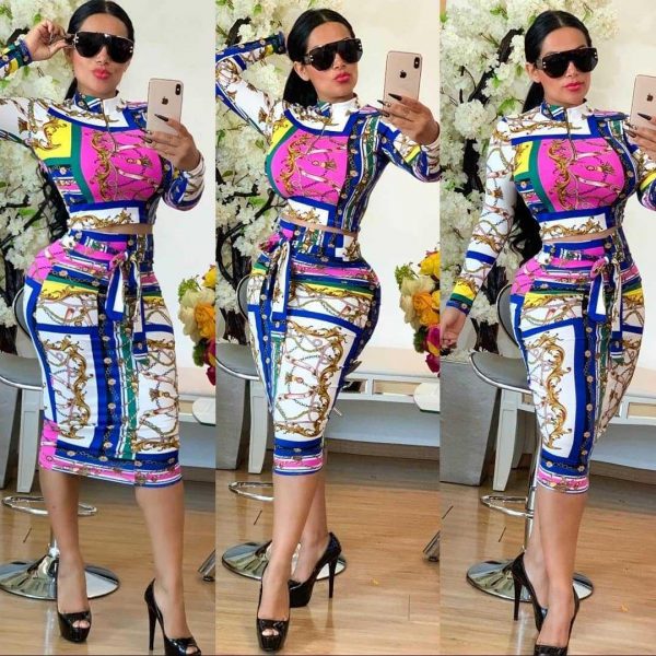 Women Plus Size Two Piece Matching Sets Long Sleeve Top T-shirt & High Waist Wrap Belt Bodycon Skirt Sets Retro Suit - Takalr