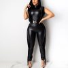 Women Pu Leather Jumpsuit High Neck Sleeveless Tassel Detail Womens Romper and Jumpsuits Slinky Club Outfits Pu Overalls - Takalr