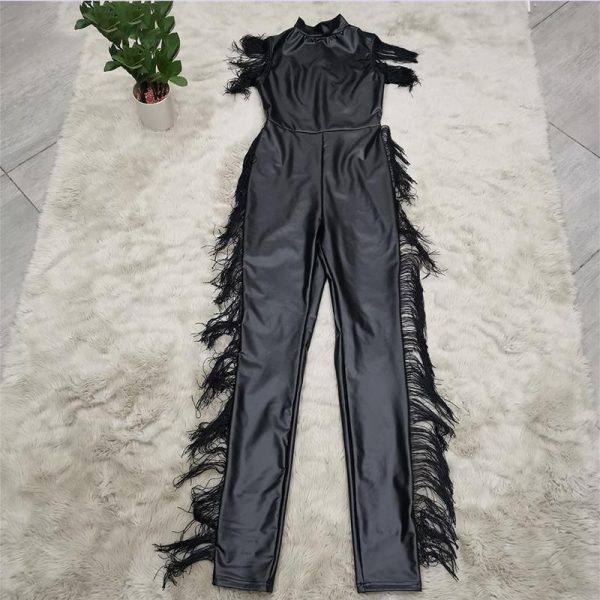 Women Pu Leather Jumpsuit High Neck Sleeveless Tassel Detail Womens Romper and Jumpsuits Slinky Club Outfits Pu Overalls - Takalr