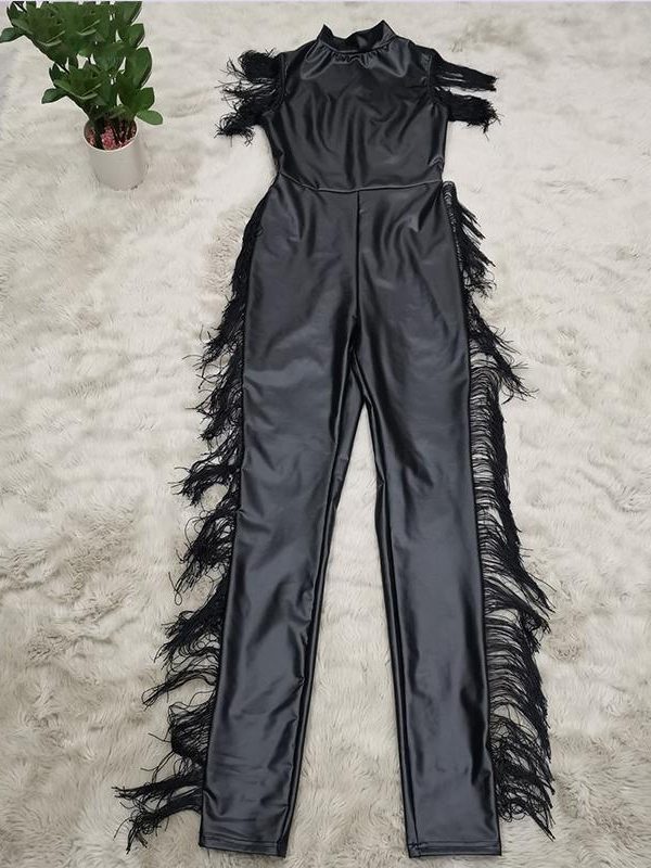 Women Pu Leather Jumpsuit High Neck Sleeveless Tassel Detail Womens Romper and Jumpsuits Slinky Club Outfits Pu Overalls - Takalr