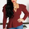 Women Puff Sleeve Plunge Tops Solid Ruched Shoulder Ruffles Hem Blouse Shirt Elegant V Neck Long Sleeve T Shirt Casual Blusa - Takalr