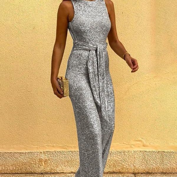 Women Round Neck Sleeveless Backless Sequins Jumpsuit Sexy Slim Rompers Sequined Jumpsuits Bodycon Pants - Takalr