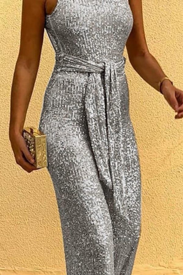 Women Round Neck Sleeveless Backless Sequins Jumpsuit Sexy Slim Rompers Sequined Jumpsuits Bodycon Pants - Takalr