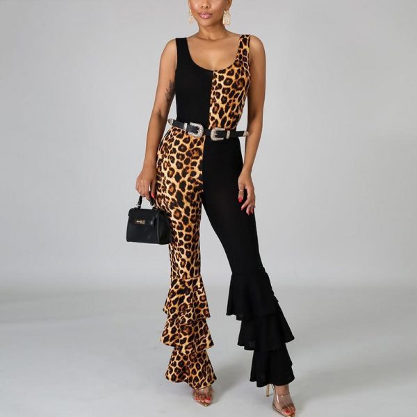 Women Ruffles Flare Jumpsuits Leopard Print Sleeveless O-Neck Outfits Sexy Skinny Rompers Club Night Party One Piece Overalls - Takalr