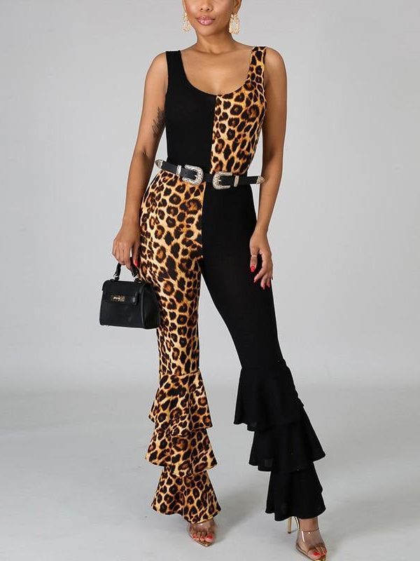 Women Ruffles Flare Jumpsuits Leopard Print Sleeveless O-Neck Outfits Sexy Skinny Rompers Club Night Party One Piece Overalls - Takalr