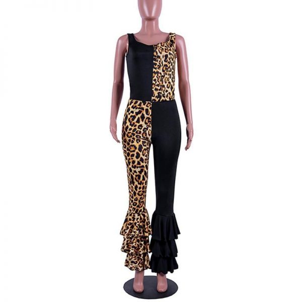 Women Ruffles Flare Jumpsuits Leopard Print Sleeveless O-Neck Outfits Sexy Skinny Rompers Club Night Party One Piece Overalls - Takalr