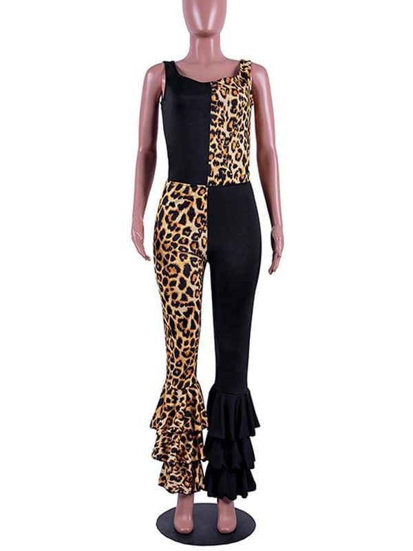 Women Ruffles Flare Jumpsuits Leopard Print Sleeveless O-Neck Outfits Sexy Skinny Rompers Club Night Party One Piece Overalls - Takalr