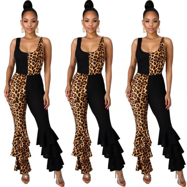 Women Ruffles Flare Jumpsuits Leopard Print Sleeveless O-Neck Outfits Sexy Skinny Rompers Club Night Party One Piece Overalls - Takalr