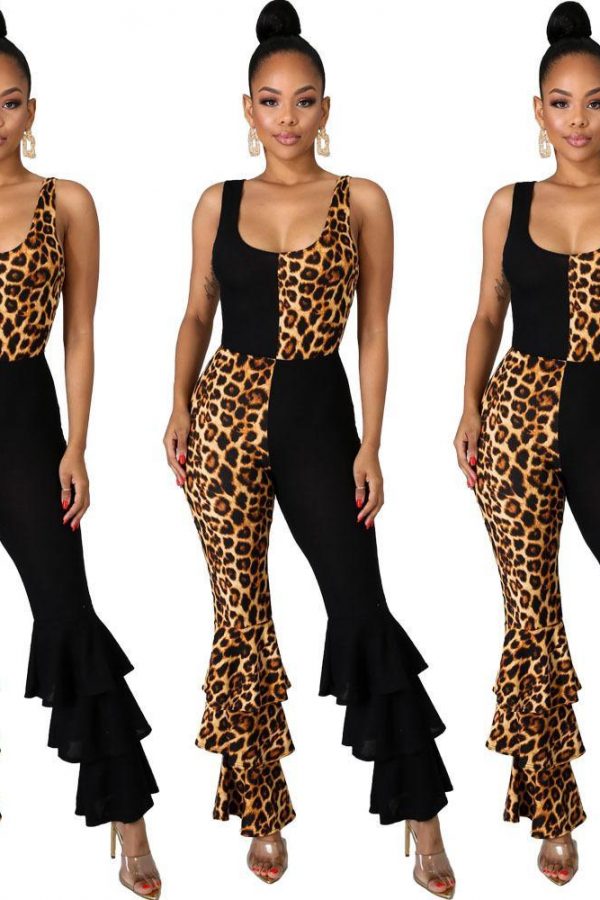 Women Ruffles Flare Jumpsuits Leopard Print Sleeveless O-Neck Outfits Sexy Skinny Rompers Club Night Party One Piece Overalls - Takalr