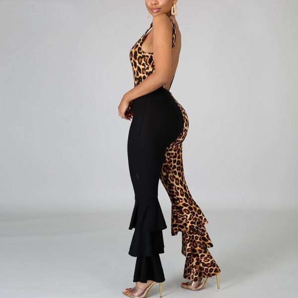 Women Ruffles Flare Jumpsuits Leopard Print Sleeveless O-Neck Outfits Sexy Skinny Rompers Club Night Party One Piece Overalls - Takalr