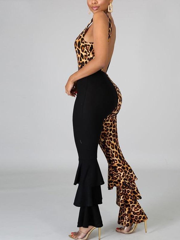 Women Ruffles Flare Jumpsuits Leopard Print Sleeveless O-Neck Outfits Sexy Skinny Rompers Club Night Party One Piece Overalls - Takalr