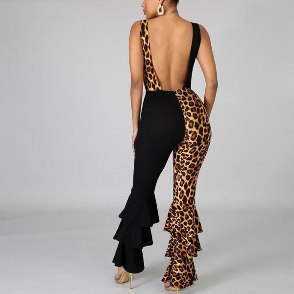 Women Ruffles Flare Jumpsuits Leopard Print Sleeveless O-Neck Outfits Sexy Skinny Rompers Club Night Party One Piece Overalls - Takalr